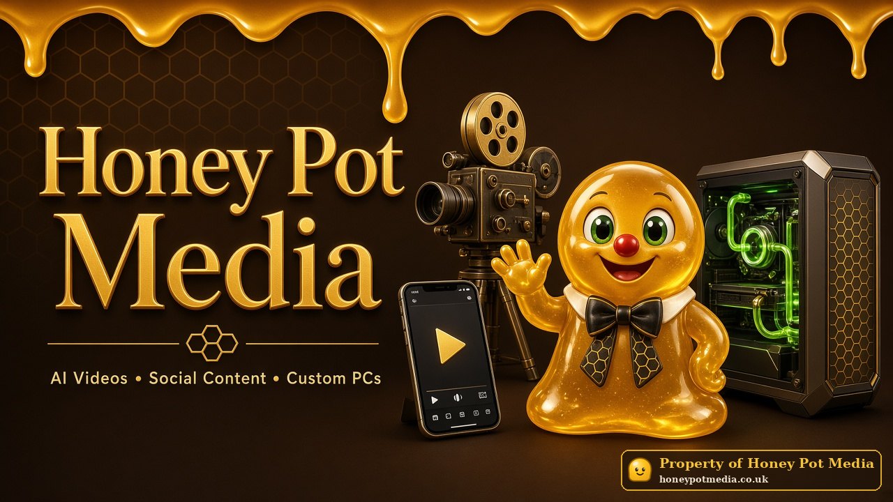 Honey Pot Media banner: our honey blob mascot in a honeycomb bow tie waves beside a vintage film camera, a phone playing a video and a green water-cooled custom PC, under dripping honey. Text reads: AI Videos, Social Content, Custom PCs.